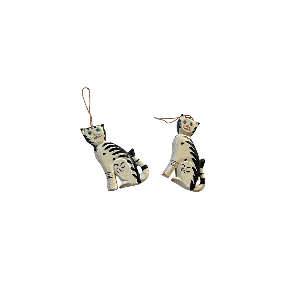 Vintage Hand Carved Wooden Cat Ornaments Black White Cats Striped Set of 2
